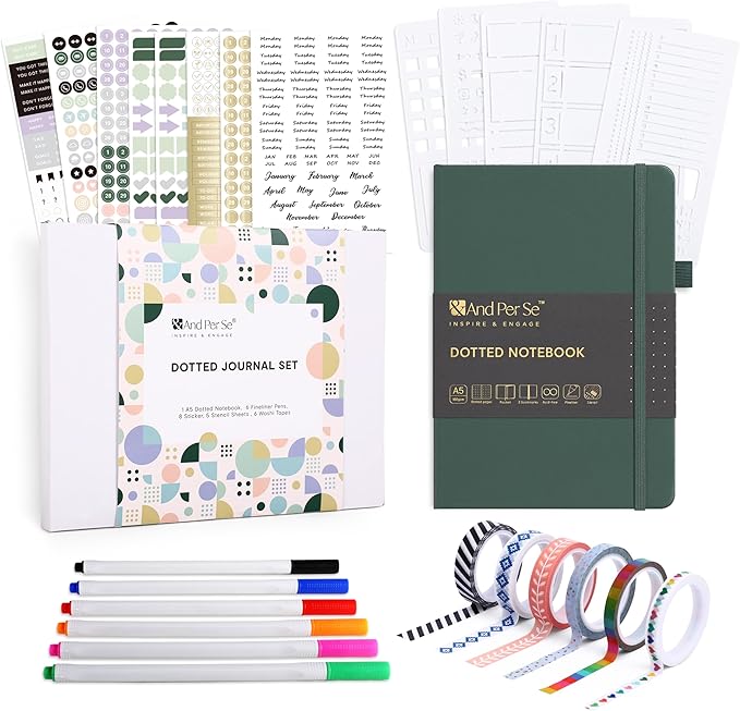 &And Per Se Dotted Journaling Kit – Journal Kit with Dotted Notebook, Stencils, Stickers, Washi Tapes & Colored Pens for Beginners (Green)