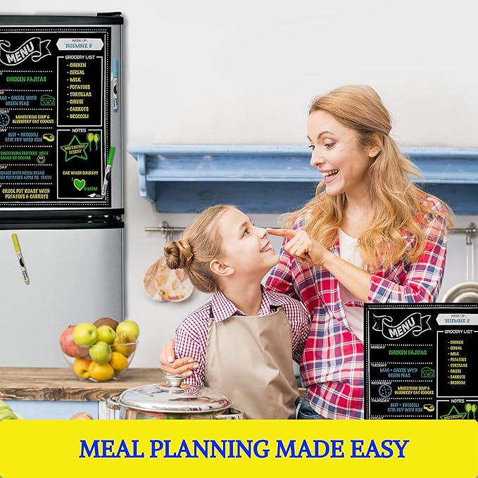 Magnetic Menu Board for Kitchen - 16x12” Black Chalkboard Calendar - Dry Erase Weekly Meal Planner for Fridge & Grocery List - With Vibrant Neon Chalk Markers - Easy to Use and Wipe Clean Magnet Board