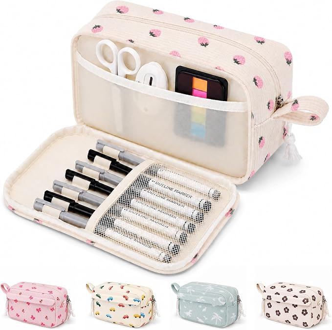 Big Capacity Pencil case,Soft Corduroy Pencil Bag with 3 Compartment,Pencil Pouch School Supplies Cute Pencil Box Pencil Bag for Teen Girls Boys College (Pink Strawberry)