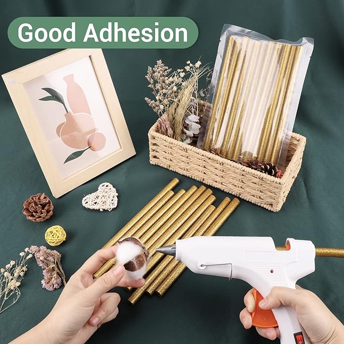 Glitter Gold Hot Glue Sticks, Manarty 8" Long x 0.43" Dia Full Size Hot Melt Glue Sticks Colored, High and Low Temp Adhesive Glue Sticks Large for Crafting, DIY, Decoration, Sealing Wax Stamp, 24 PCS