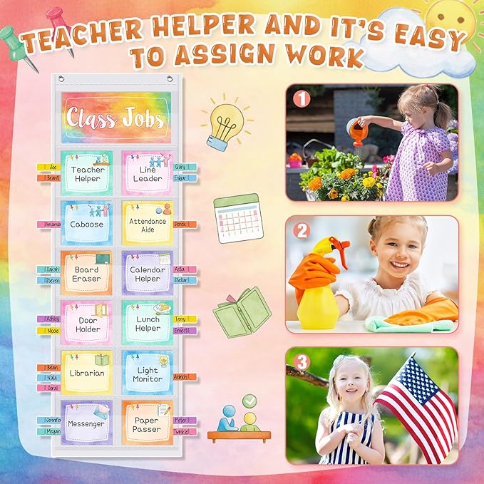 Pasimy Watercolor Class Jobs Pocket Chart Class Helpers Pocket Chart Classroom Jobs Cards with Clips and Hooks Teacher Helper Bulletin Board Set for Back to School Classroom Teacher Supplies
