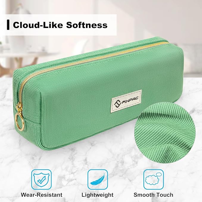FINPAC Pencil Case, Corduroy Aesthetic Makeup Bag, Cute Kawaii Pen Bag Pouch Holder Box Organize for Study, Office, or Travel (Grass Green)