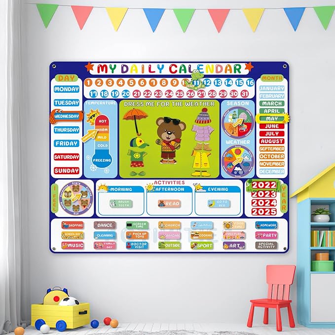 My Daily Calendar Felt Board for Kids Preschool Classroom Calendar 3.5Ft Circle Time Learning Center All About Today Activities Bear Dress Emotion Weather Season Days of the Week for Toddlers Learning