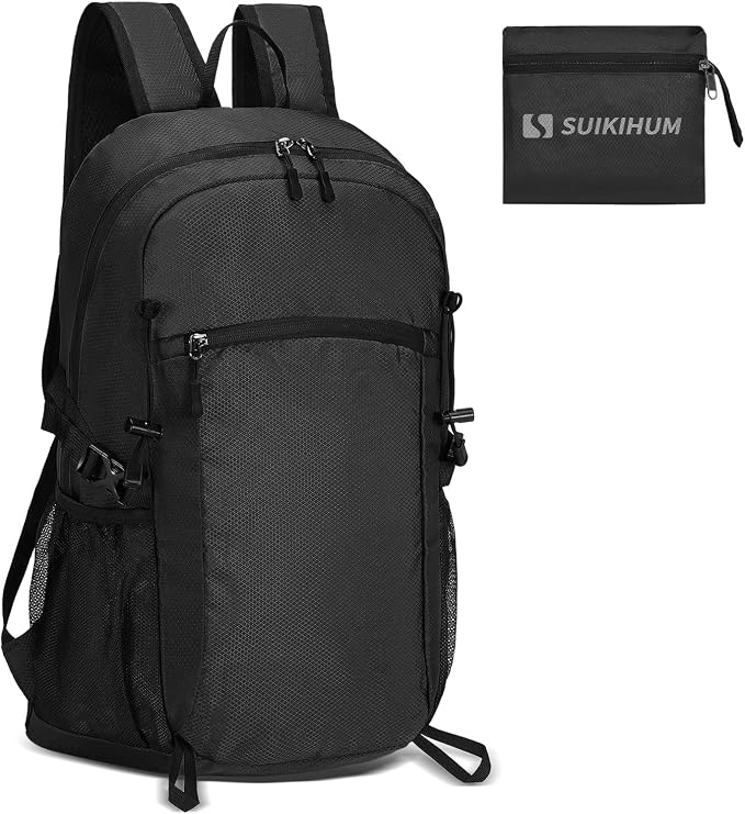 30L Large Hiking Daypack, Foldable Outdoor Backpack, Black | Packable Daypacks for Men Women, Lightweight Water-Repellent Collapsible Daypack for Commuting Outdoor Sports Camping