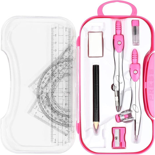 Vobou 10 Pieces Math Geometry Kit Set Student Supplies with Shatterproof Storage Box,Includes Rulers,Protractor,Compass,Eraser,Pencil Sharpener,Lead Refills,Pencil,for School and Drawings（Pink）