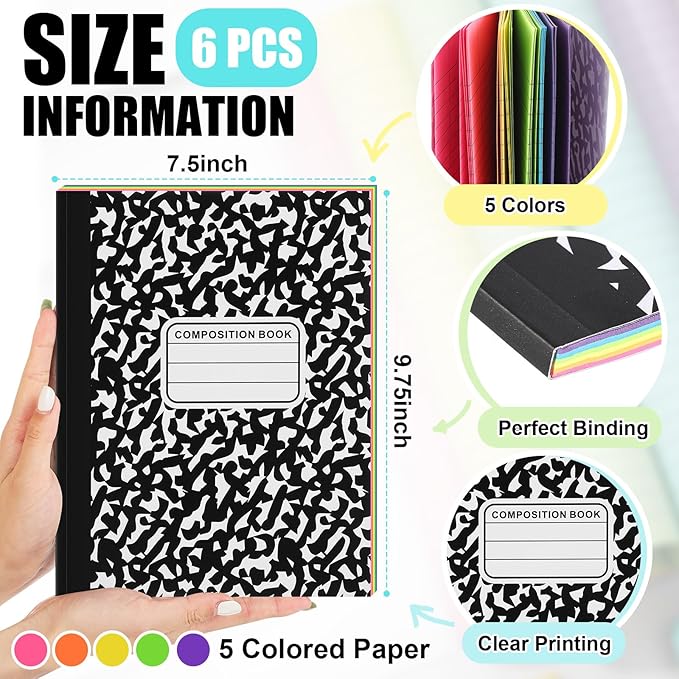 Henoyso 6 Pcs 120 Pages Colored Paper Notebooks 9.75" x 7.5" Rainbow Colors Lined Paper Notebook Wide Ruled Marble Notebooks Journals Bulk for Office School Supplies(Black Classic)