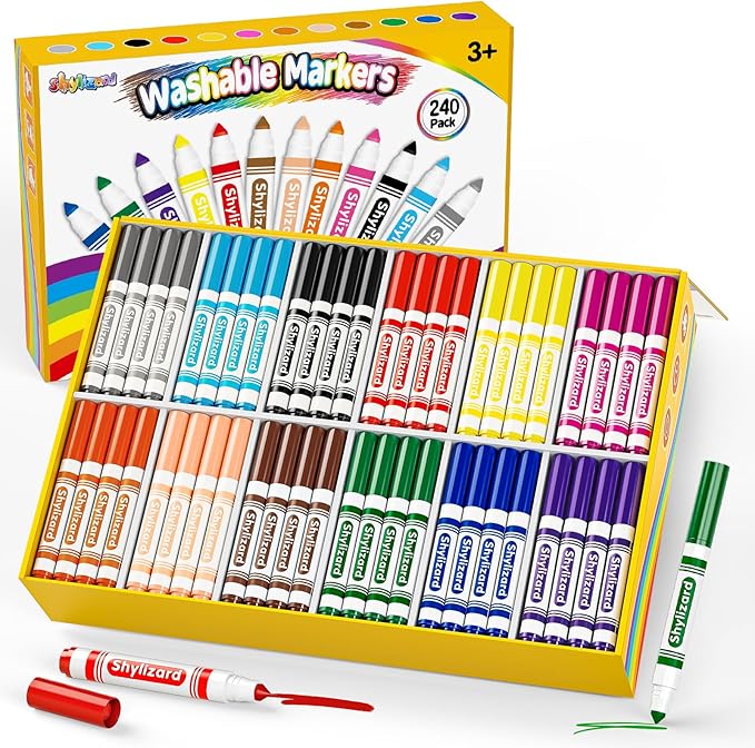 ShyLizard Washable Markers for Kids, 240 Count Markers Bulk with Broad Line Conical Tip, Coloring Marker in 12 Colors for Classroom School Supplies and Art Projects