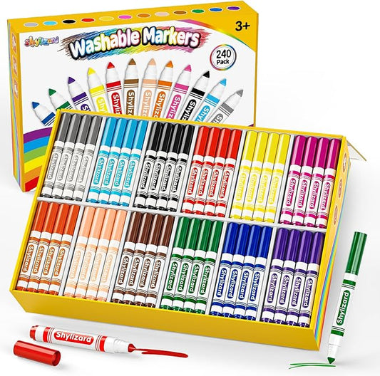 ShyLizard Washable Markers for Kids, 240 Count Markers Bulk with Broad Line Conical Tip, Coloring Marker in 12 Colors for Classroom School Supplies and Art Projects