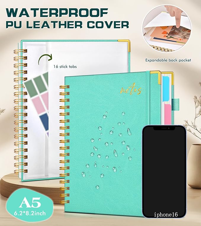 5 Subject Spiral Notebook Journal with Removable Dividers Tabs, 300 Pages Organizer Notebooks for Work School, A5 Hardcover Leather Notebook College Ruled, Lined Journal for Women Men，Aqure