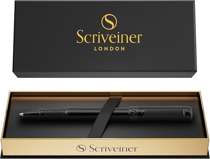 Scriveiner Gun-Metal Rollerball Pen - Stunning Luxury Pen, Schmidt Ink Refill, Best Roller Ball Gift Set for Men & Women, Professional, Executive Office, Nice Pens