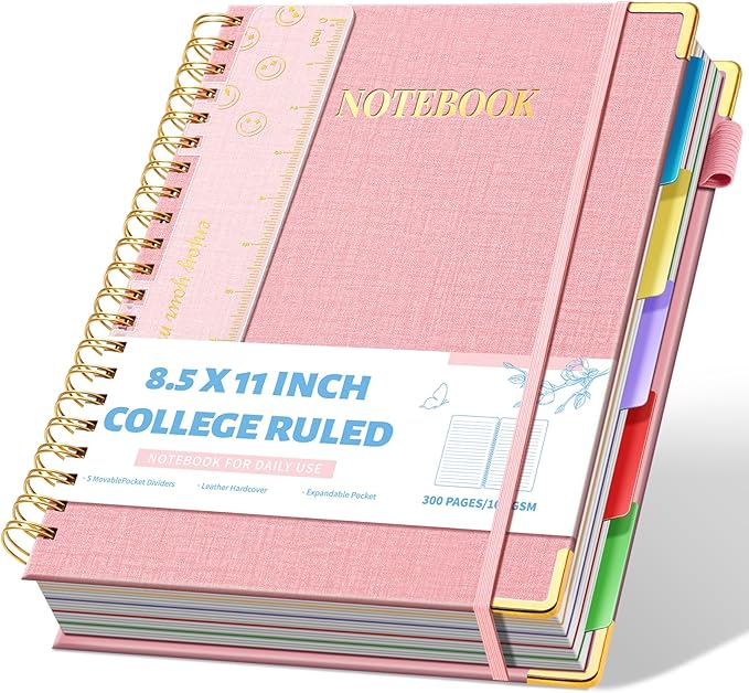 Aeshetic Hardcover Spiral Notebooks for Work with Removable Dividers & Tabs 8.5" X 11" Note Taking 5 Subject Notebook College Ruled A4 Linen Spiral Notebook for School Cute Journals for Women Writing