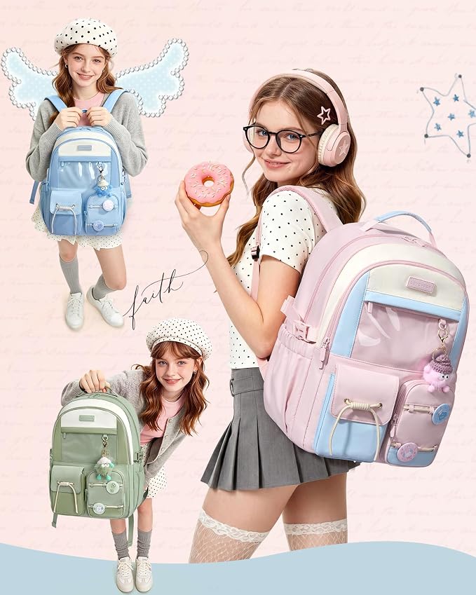 LOVEVOOK School Backpack for Girls Ages 8-16，Cute Student Bookbag for Teen Girls Kids Back to School with Cup Holder, DIY Ita Bag Fit 15.6 Inch Laptop for Elementary & Middle School
