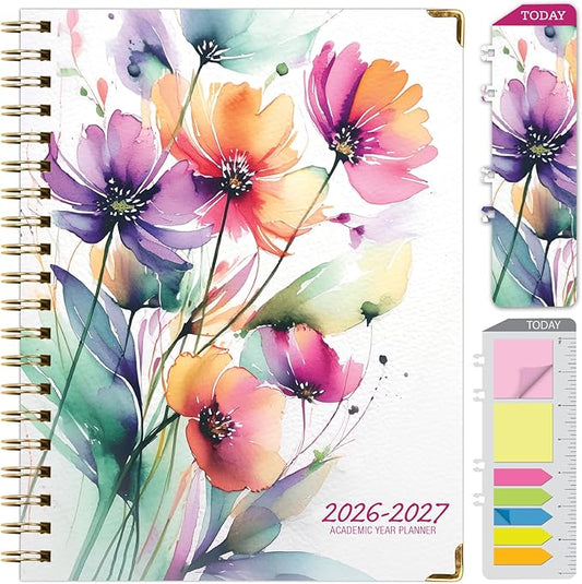 HARDCOVER Academic Year 2026-2027 Planner: 14 Months (May 2026 Through June 2027) 8.5"x 11" Daily Weekly Monthly Planner Yearly Agenda. Bookmark, Pocket Folder and Sticky Note Set (Rainbow Floral)