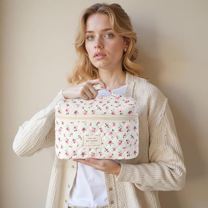 HBselect Quilted Makeup Bag, 3Pcs Cotton Large Travel Makeup Bags Organizer | Cute Floral Make up Bag Cosmetic Bag Toiletry Bag for Women Girls, Makeup Pouch for Skincare, Brushes & Travel Essentials