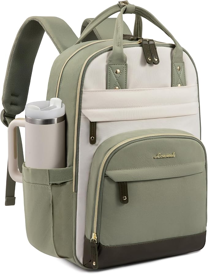 LOVEVOOK Laptop Backpack Women with Giant Cup Holder,17.3 inch Waterproof Work Travel Backpack Computer Laptop Bag,Cute College Nurse Teacher Backpack Purse,Gifts for Women & Men,Been green-Beige-Cyan