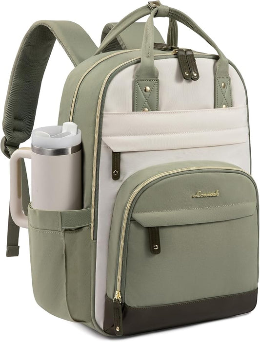 LOVEVOOK Laptop Backpack Women with Giant Cup Holder,17.3 inch Waterproof Work Travel Backpack Computer Laptop Bag,Cute College Nurse Teacher Backpack Purse,Gifts for Women & Men,Been green-Beige-Cyan
