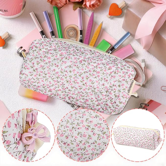 Cute Quilted Pencil Case for Girls Women, Aesthetic Small Floral Pencil Pouch,Slim Soft Pencil Bag for School Supplies Makeup Pouch for School & Daily Use (pink floral)