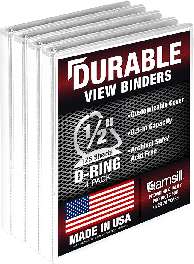 Samsill Durable 0.5 inch 3 Ring Binder, D Ring Binder, 100% Recycled Chipboard, White, 4 Pack