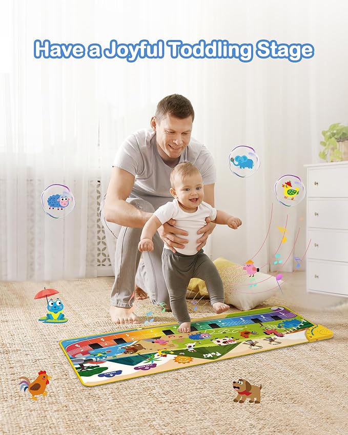 FOKI Toddler Toys Floor Piano Mat with 61 Animal Music Sounds, Baby Kid Sensory Educational Dancing Musical Keyboard Carpet Toy, Record Playback, for 1 to 5 Years Old Boy and Girl