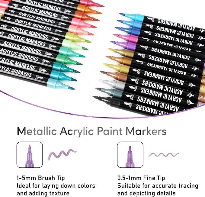 Pagather Metallic Acrylic Paint Markers, 24 Colors Dual Tip Pens Set