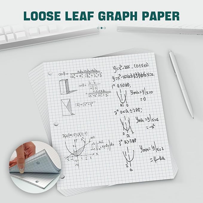 390 Sheets Quad Ruled Graph Paper, 3 Hole Punch Paper 8 x 10.5 White, Loose Leaf Graph Paper,Filler Paper 4 x 4 Graph Rule, Notebook Paper for 3 Ring Binder, Engineering Paper for School Home Business