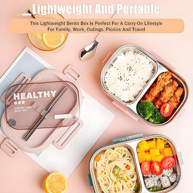 Stainless Steel Lunch Box, 2 Compartment Bento Box for Adults, Easy to Clean, Leak-Proof Design, Food Storage Container with Tableware for Family, Work, Picnics and Travel(850ml, Pink)
