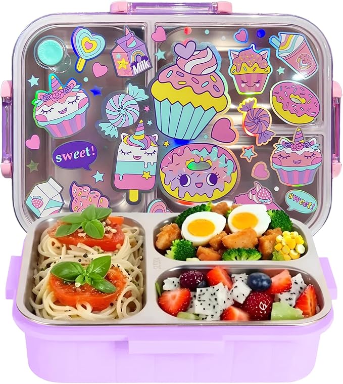 Stainless Steel Bento Lunch Box for Kids, 800ml/27oz BPA-Free Leak-Proof Food Containers with 3 Compartments, Freezer & Dishwasher Safe, Back to School Students Lunches Size for Ages 3-7