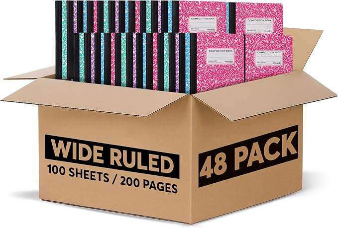 Manaloom Hardcover Wide Ruled Composition Notebook – Bright Color Covers, 100 Sheets, 200 Pages, 9.75 x 7.5 in – For School, Office, Note-Taking, Students, Teachers – Bulk 48 Pack