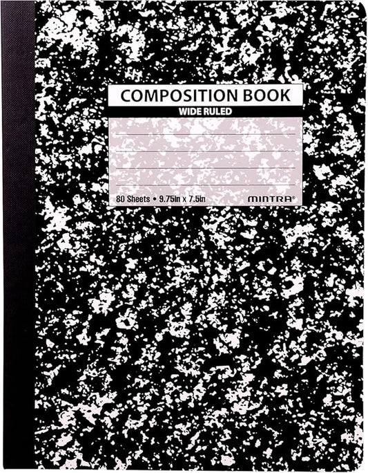 Mintra Office Composition Books - Sturdy Flexible Cover (1 Pack, Black Marble Comp - Wide Ruled)