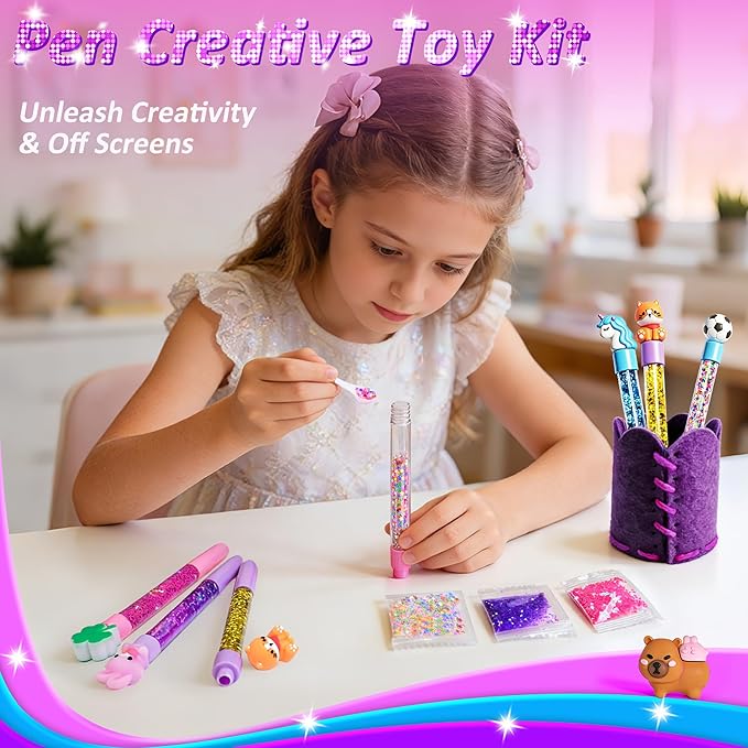MOMUSE DIY Pen Making Kit, Fun Pen Creator Studio – Make 6 Sparkly Glitter Pens & Stitch Your Own Pen Holder, Creative Craft Toy Sewing Kits for Kids Girls Tweens 6 7 8 9 10 11 12 Birthday Gift