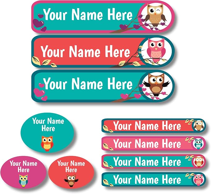 Lovable Labels Personalized Labels for Kids (85 Labels/Pack) - 3 Label Sizes Waterproof Dishwasher Safe Peel & Stick Labels for School Supplies Daycare Camp Clothing Bottles (Hoo Am I)