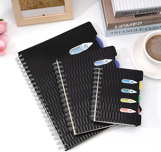 CAGIE 5 Subject Notebook with Dividers, 240 Pages Spiral Notebook 5x7, Small Spiral Notebook College Ruled,100gsm Lined Journal Notebooks with Tabs for Work, School,Office, Note Taking, Black