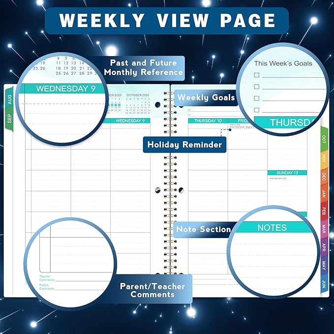 Student Planner 2026-2027 - August 2026 - June 2027, Weekly & Monthly planner for Students 11"x 8.3", Flexible Cover, Strong Golden Binding, Printed Tabs, with Stickers