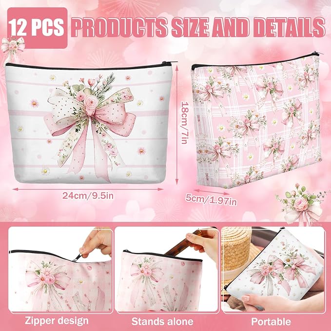 Reginary 12 Pcs Pink Bow Floral Makeup Bags Coquette Bow Cosmetic Bags with Zippers Coquette Party Favors Pink Aesthetic Elegant Pouch Bulk Gifts for Women Stuff Birthday Supplies Travel Accessory