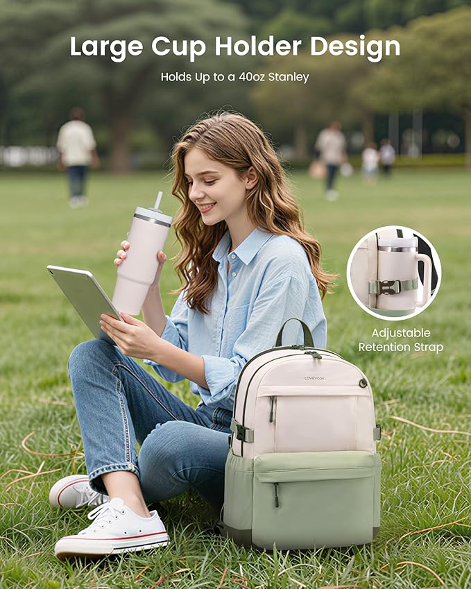 LOVEVOOK Laptop Backpack for Women with Giant Tumbler Holder,15.6 Inch Laptop Computer Bag Travel Backpack Purse,Waterproof Work Business Backpack College Bookbag Teacher Bags,Beige-Mint Green