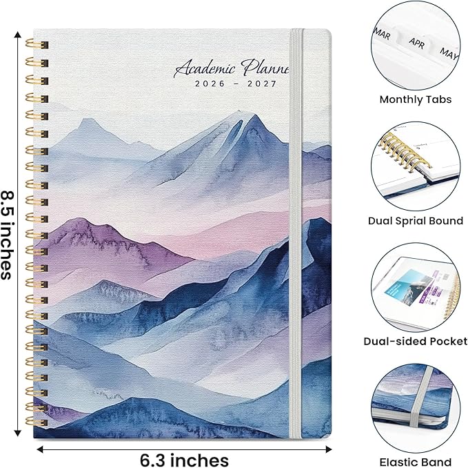 Planner 2026-2027, Monthly and Weekly Academic Planner July 2026 - June 2027, Hardcover Student Teacher Planning Agenda Calendar Book with Tabs, Perfect for Office School Supplies, A5 (6.3" x 8.5") - Distant Peaks