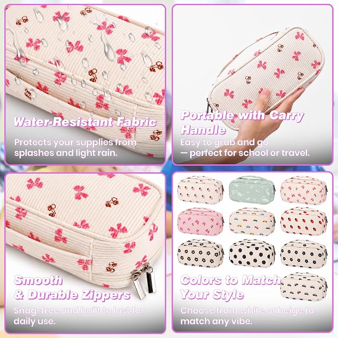 Big Capacity Pencil case,Soft Corduroy Pencil Bag,Cute Pen Case with Handle,5 Compartments, Wide Opening Pen Pouch Organizer for Teen Girls Women (Bow With Cherry)
