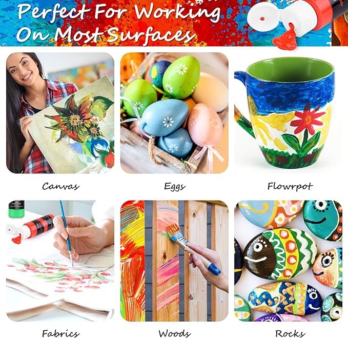 Caliart Black Acrylic Paint with 12 Brushes, Pack of 24, Art Craft Paints (2 oz/Bottle), Canvas Ceramic Wood Eggs Rock Painting Kit, Art Supplies for Adults Artists Painters