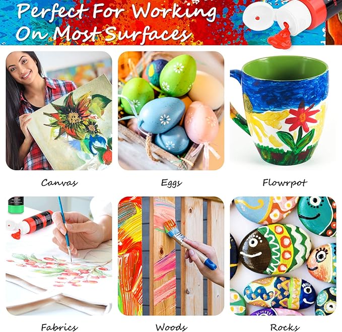 Caliart Acrylic Paint Large Set (120ml/4oz) with 12 Brushes, 24 Colors Art Craft Paints Kit for Adults Artists Beginners on Canvas Ceramic Wood Rock Painting Art Supplies