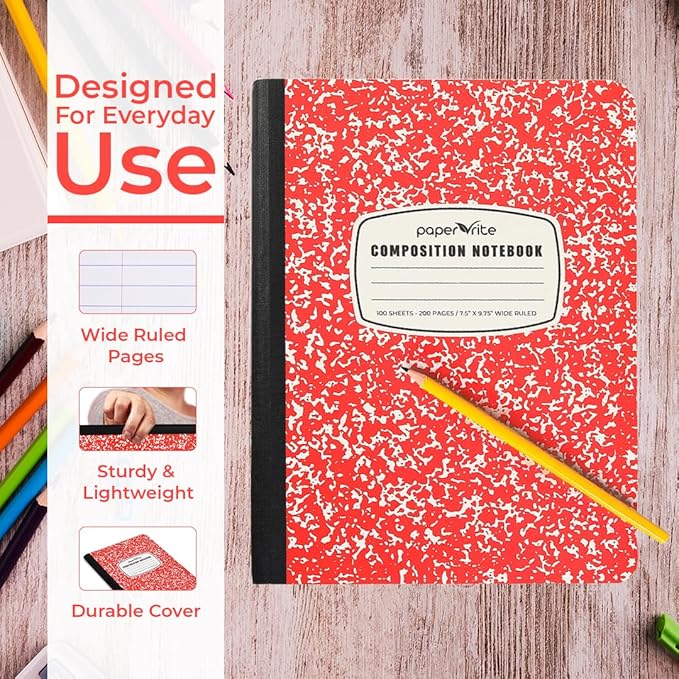 Assorted Marble Composition Notebook Wide Ruled (9.75x7.5 in), 100 Sheets | 200 Pages | For School, Office, Students, Teachers (1, Red)