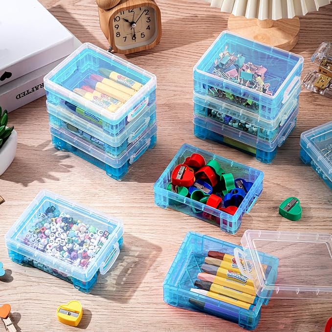 Suzile 25 Pcs Plastic Crayon Boxes with Snap Lids Crayon Storage Organizer Stackable Container Bulk Pencil Case for Pen Crafts Classroom Supplies(Blue)