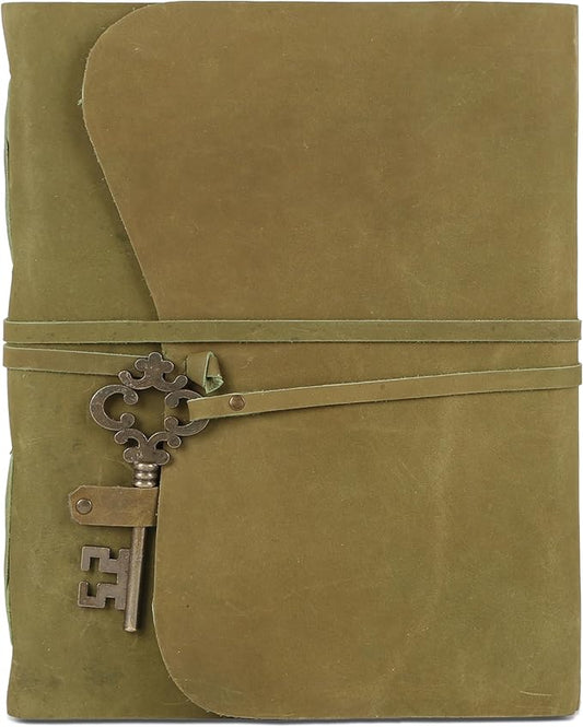 Leather Journal with Deckle Edge Paper 8x6 inch and Vintage Key | Handmade Writing Notebook Diary | Bound Daily Notepad for Men & Women Medium, Sketch/Writing pad for Artists