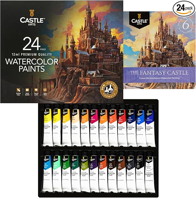 Castle Art Supplies 24 X 12ML Watercolor Paint Set | New Improved Formula | Value for Adult Artists | Quality, Intense Colors | Just Squeeze the Tube, Mix with Water and Get Creative (New Improved Formula)