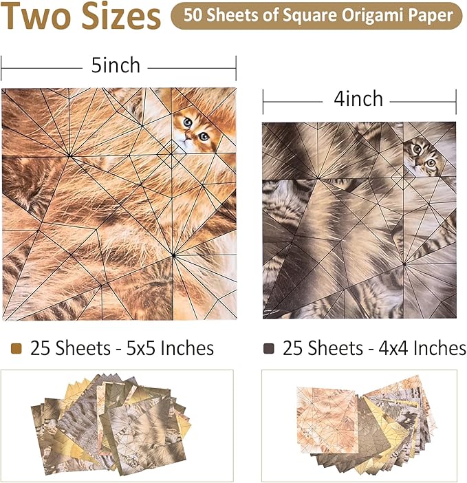 DGRKZY Cute Cat Origami Paper Kit, 3D DIY Paper Cats to Fold, 50 Colorful Sheets, Easy Craft for Beginners, Screen-Free Activity, Desk Decor & Gift for Cat Lovers