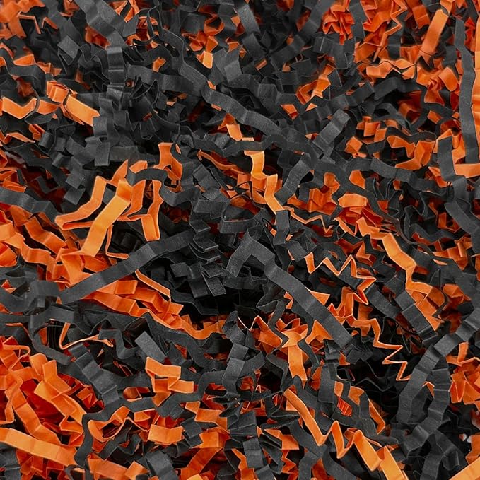 Tisspoms 1LB Black Orange Crinkle Cut Paper Shred Filler, Paper Shreds for Basket Fillers, Birthday, Gift Wrapping, Anniversary, New Years, Graduation Decor Party Filler