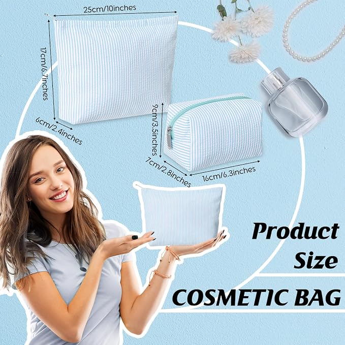 Huhumy 2 Pcs Makeup Bag Set for Women, Light Blue, Thin Striped Seersucker | Cute Cosmetic Pouch Women Travel Toiletry Bag Preppy Small Makeup Purse Pouch Aesthetic Skincare Brushes Storage Organizer