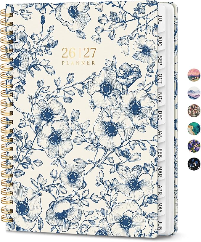 Planner 2026-2027, Monthly and Weekly Academic Planner July 2026 - June 2027, Hardcover Student Teacher Planning Agenda Calendar Book with Tabs, Perfect for Office School Supplies, A5 (6.3" x 8.5") - Porcelain Bloom
