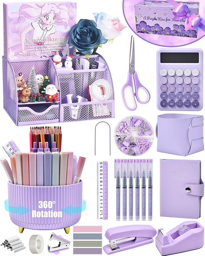 LXEVIHK 21Pcs Purple Desk Organizers and Accessories With Mesh Desk Organizer and 360°Rotating Pen Holder and a Lot of Office Purple Office Supplies Beautifully Presented in a Gift Box