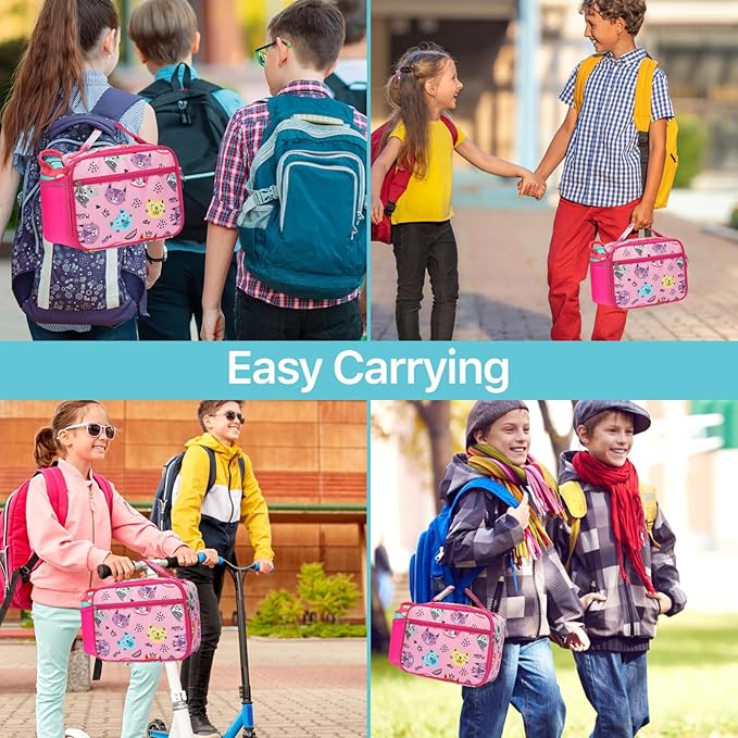 Bagseri Kids Lunch Bag Girls - Thermal Insulated Lunch Box Tote with Water Bottle Holder, Reusable Leak-Proof Kids Lunch Box for Daycare & School, Pink Cat (Containers Not Included)