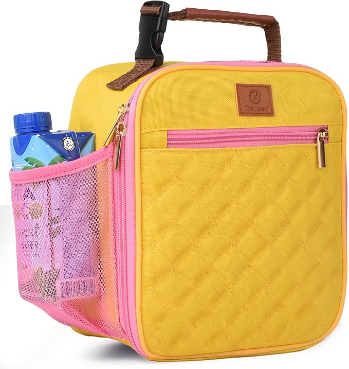 Genteen Kids Lunch Box Insulated Soft Mini Cooler with Bottle Holder, Lightweight Reusable Easy-Clean Lunch bag for Girls, Boys Back to School-Yellow